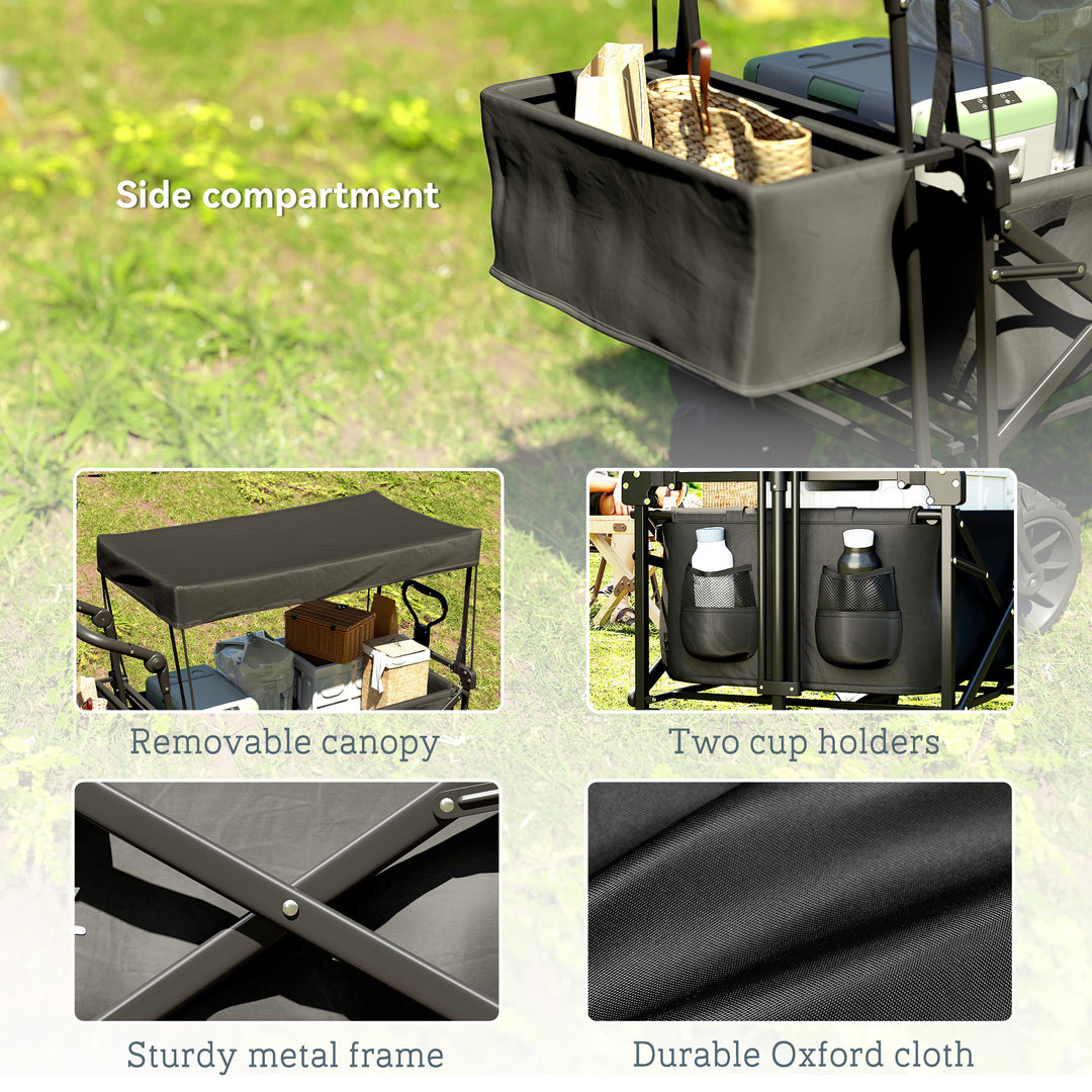 Folding Trolley Cart Storage Wagon Beach Trailer 4 Wheels with Handle Overhead Canopy Cart Push Pull for Camping, Black