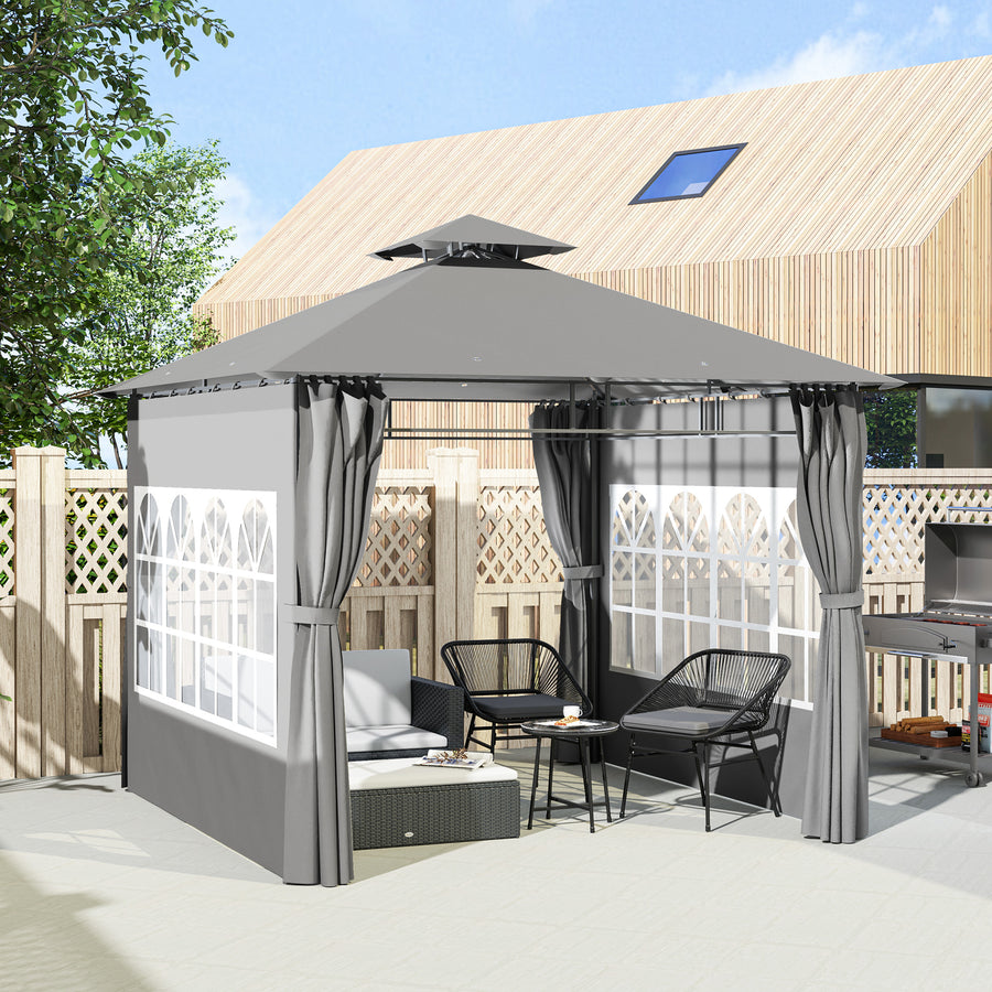 3 x 3 m Garden Gazebo, Double Roof Metal Gazebo with Removable Sidewalls and Church Windows, Outdoor Canopy Shelter, Light Grey