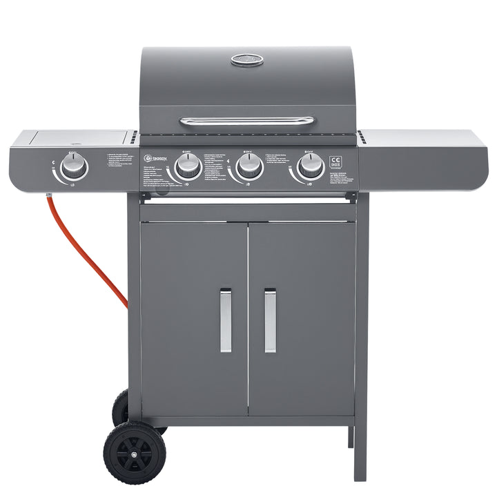 3+1 Burner Gas BBQ Grill, Outdoor Barbecue Trolley with Wheels, Warming Rack, Side Shelves, Cabinet, Thermometer for Garden, Party, Camping, 110L x 50W x 100Hcm, Grey