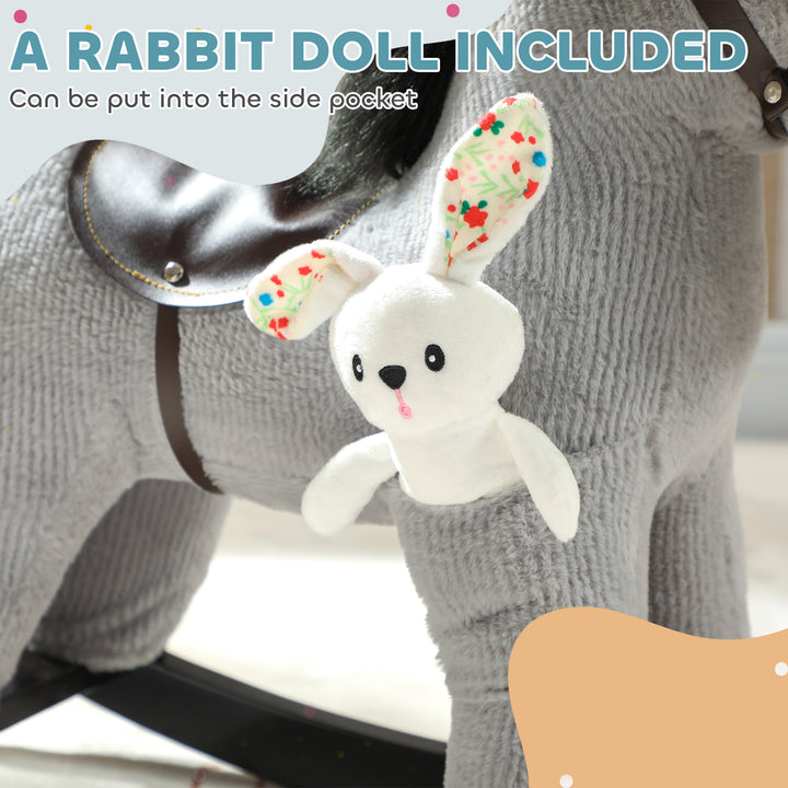 Baby Rocking Horse, Plush Ride on Toy with Handle Grip, Sound and Doll, Toddler Animal Rocker for Kids Aged 2-5