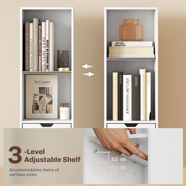 MCL 6-Tier Bookcase, Tall Narrow Bookshelf with Drawer and Door - White