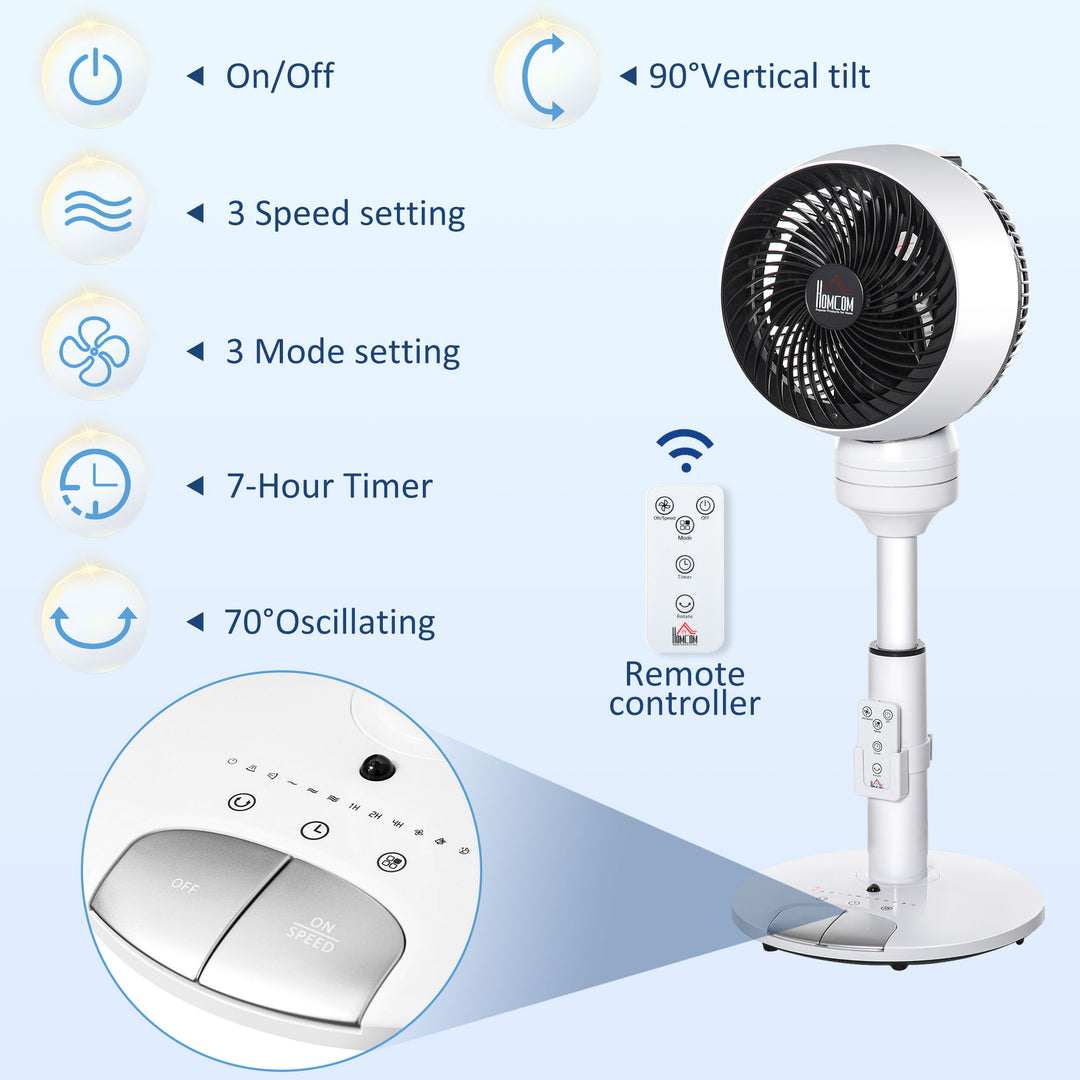 9'' Air Circulator Fan 3 Speed 3 Mode, 70° Oscillation 90° Vertical Tilt, Height Adjustable, Remote Controller, for Living Room, Bedroom, Office, Black and White