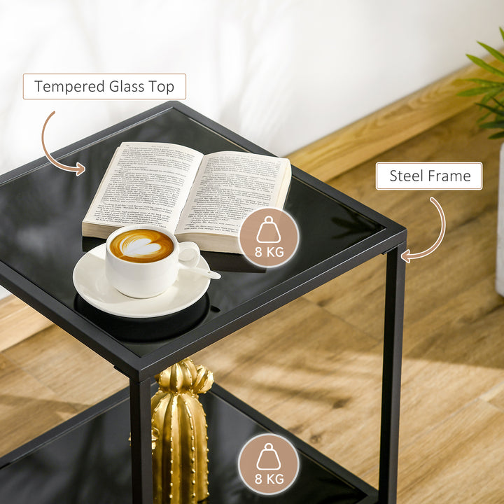 Tempered Glass Side Table with Storage, Modern 2-Tier Bedside Table with Steel Frame, Black