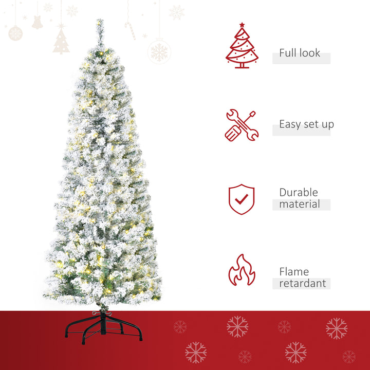 HOMCOM 6 Feet Prelit Artificial Snow Flocked Christmas Tree with Warm White LED Light, Holiday Home Xmas Decoration, Green White