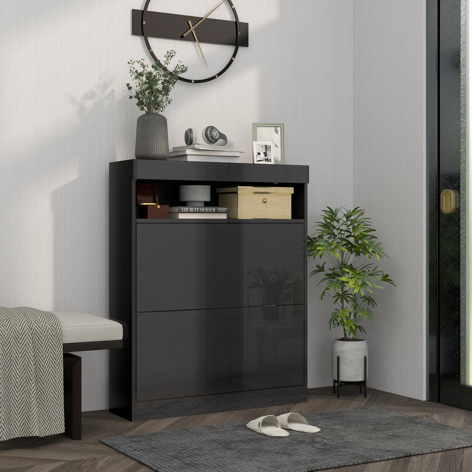 16 Shoe Pair Storage Cabinet, with Flip Doors - High Gloss Black