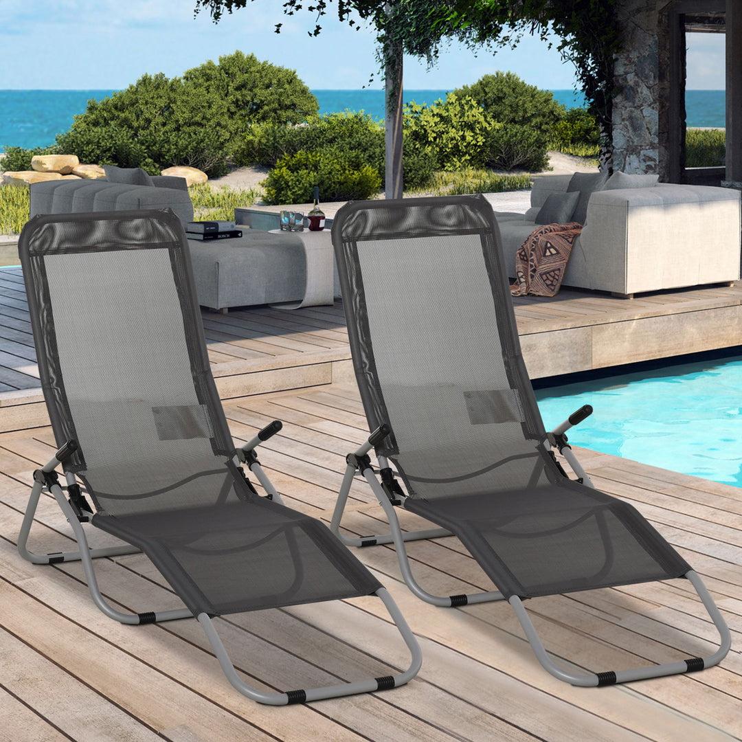 MCL Set of 2 Outdoor Patio Chaise Recliner Portable Lounge Chairs w/ Rust-Resistant Steel Frame & Adjustable Backrest, Grey