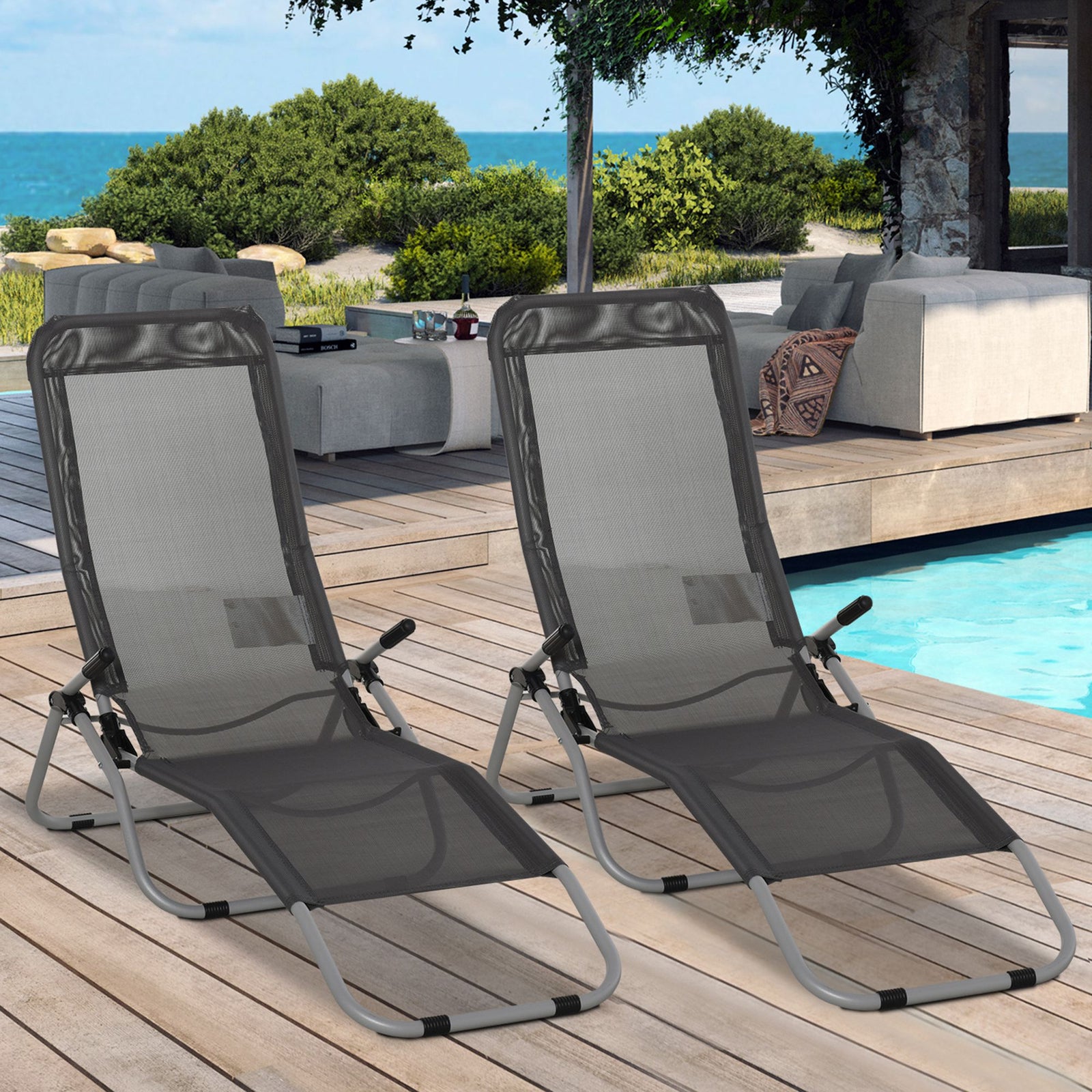 Set of 2 Outdoor Patio Chaise Recliner Portable Lounge Chairs w/ Rust-Resistant Steel Frame & Adjustable Backrest, Grey