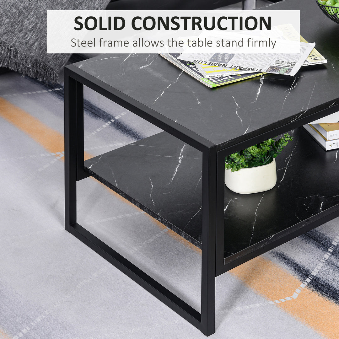 HOMCOM Elegant Two-Tier Coffee Table: Laminate Marble Print Top, Metal Frame, Foot Pads, 2 Shelves, Black | Aosom UK