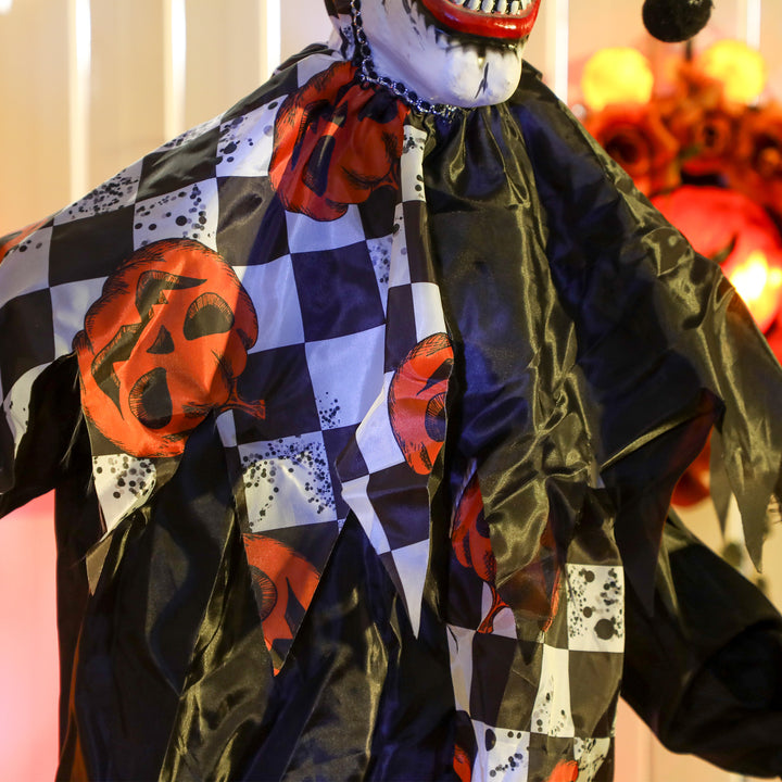Outsunny 183 cm Life Size Halloween Animated Clown & Skull Staff with Red Light Up Eyes, Sound Activated Moving Arms & Head, Scary Clown Halloween Decorations, Battery Operated, Indoor Party Props