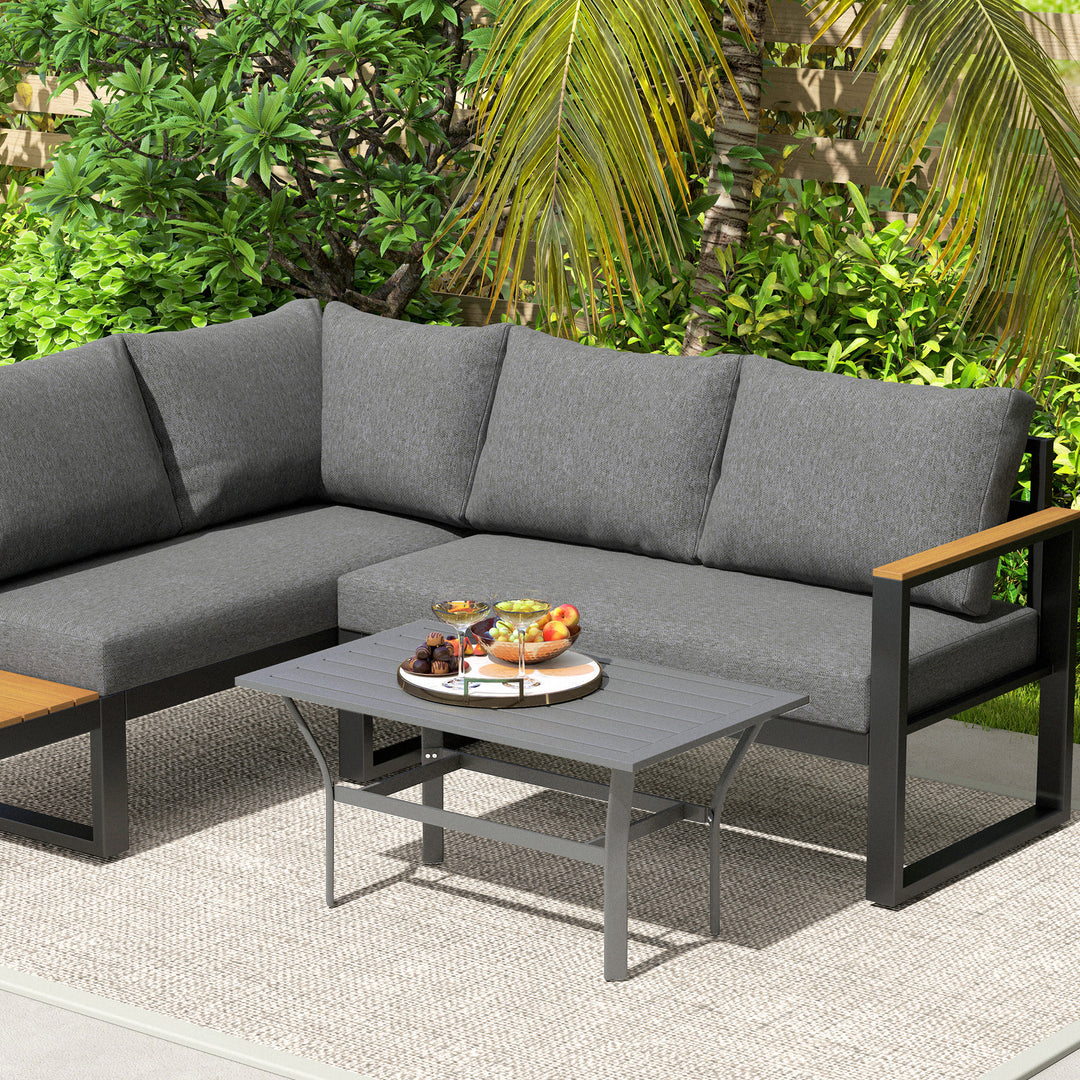 Metal Garden Coffee Table, Rectangular Outdoor Side Table with Slatted Tabletop, Foot Pads for Outside, Garden, Balcony, Porch, 91.5 x 55 x 45cm, Dark Grey