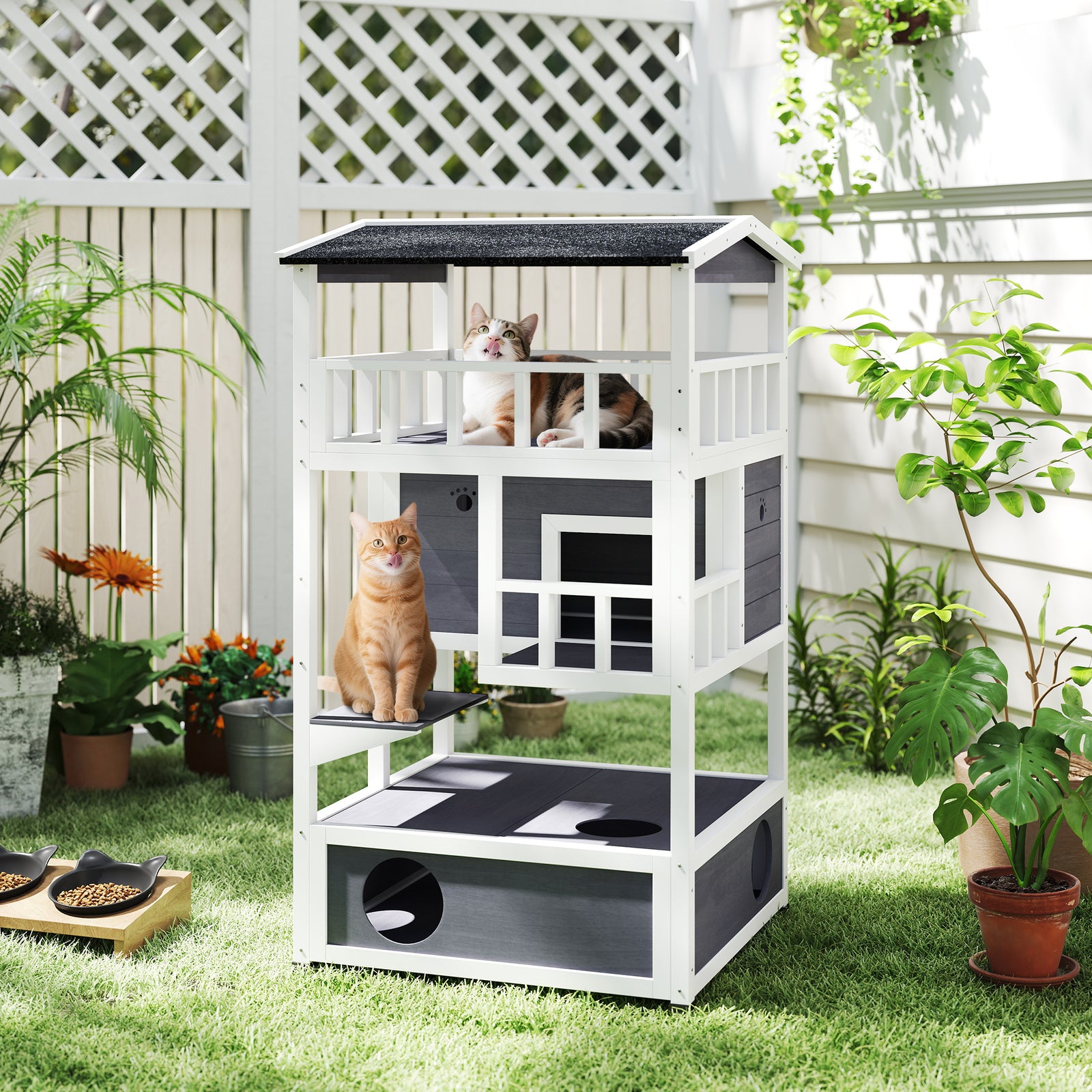 Wooden Outdoor Cat House, 3-Tier Cat Shelter with Tilted Roof, Terrace, Jump Step, Bottom Tray and Elevated Base, Waterproof Paint, Grey