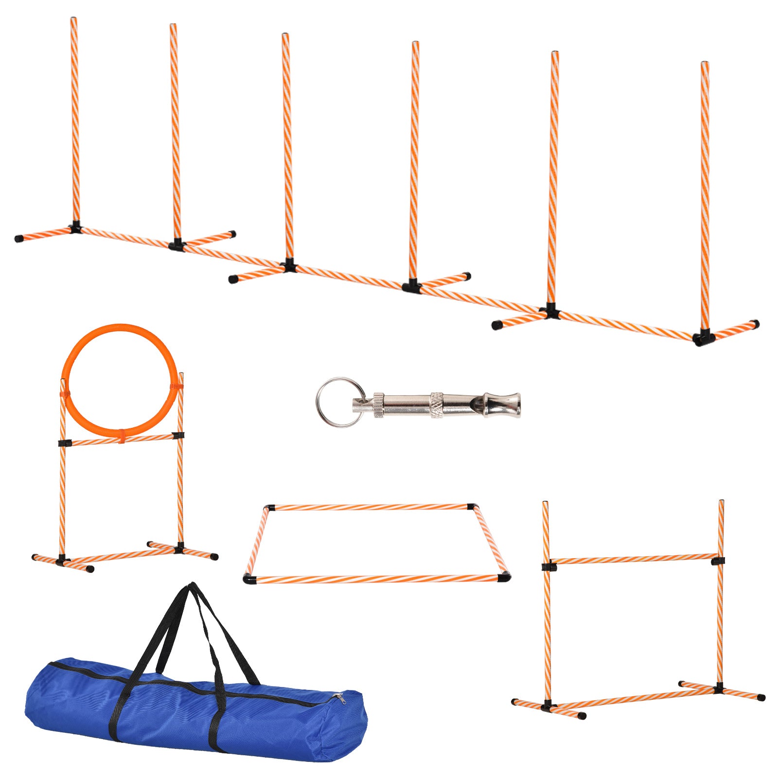 Dog Agility Equipment Pet Training Set with Adjustable Height Jump Ring Hurdle Whistle Weave Poles Square Pause Box Carry Bag