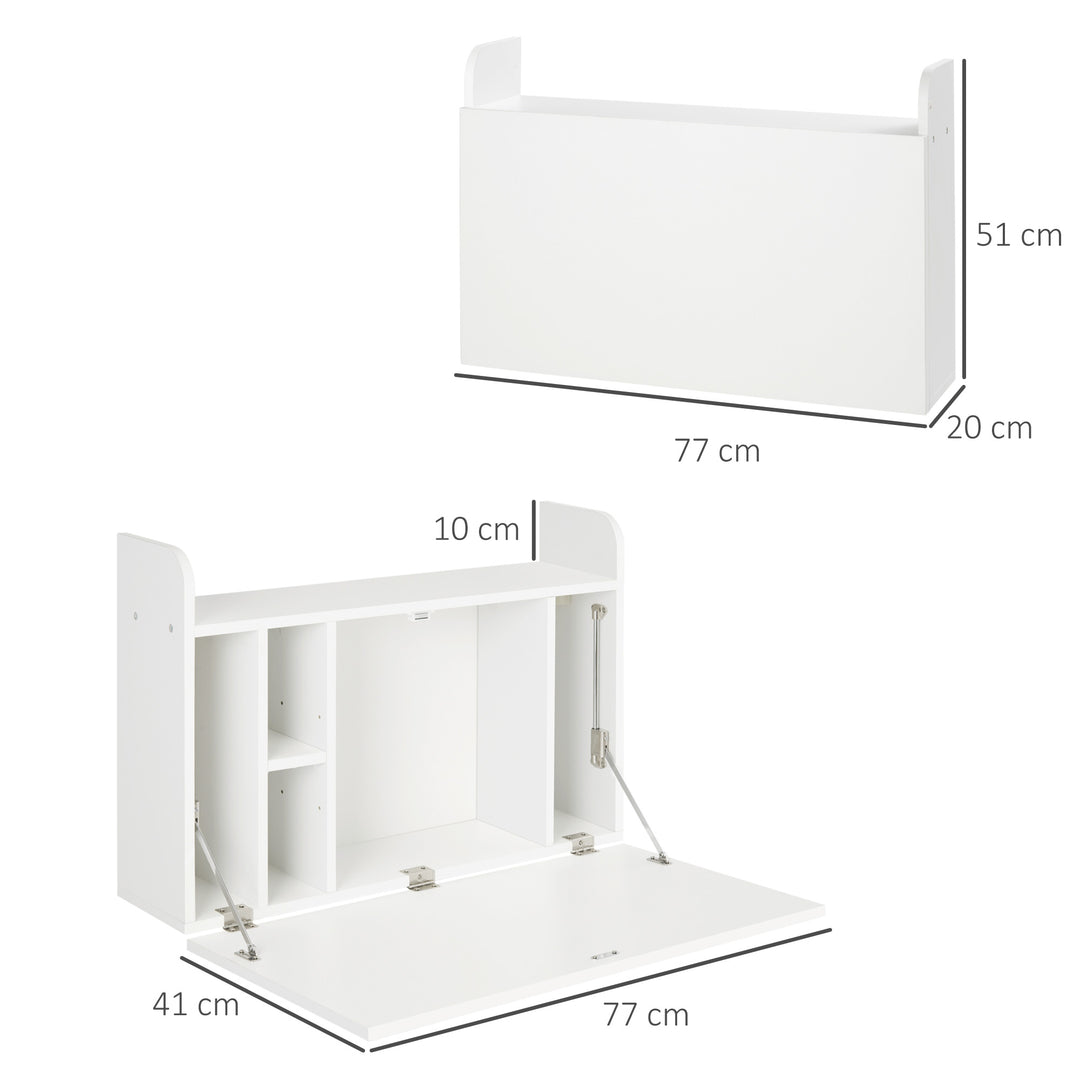 Wall Mounted Table, Drop Leaf Floating Laptop Desk with Space Saving Storage Compartments for Home Office and Study, 77cm x 20cm x 51cm, White
