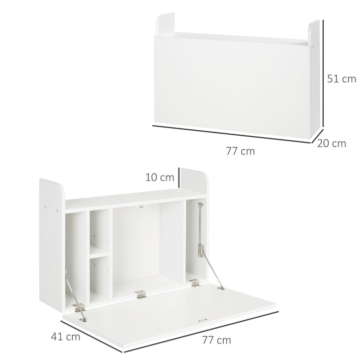 Wall Mounted Table, Drop Leaf Floating Laptop Desk with Space Saving Storage Compartments for Home Office and Study, 77cm x 20cm x 51cm, White