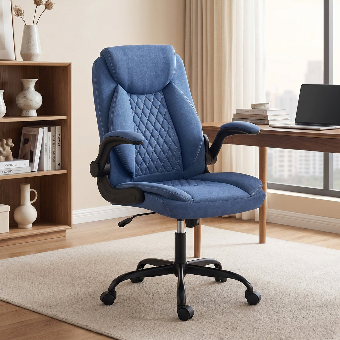 Linen-Look Computer Desk Chair, Executive Office Chair with Flip-Up Ar