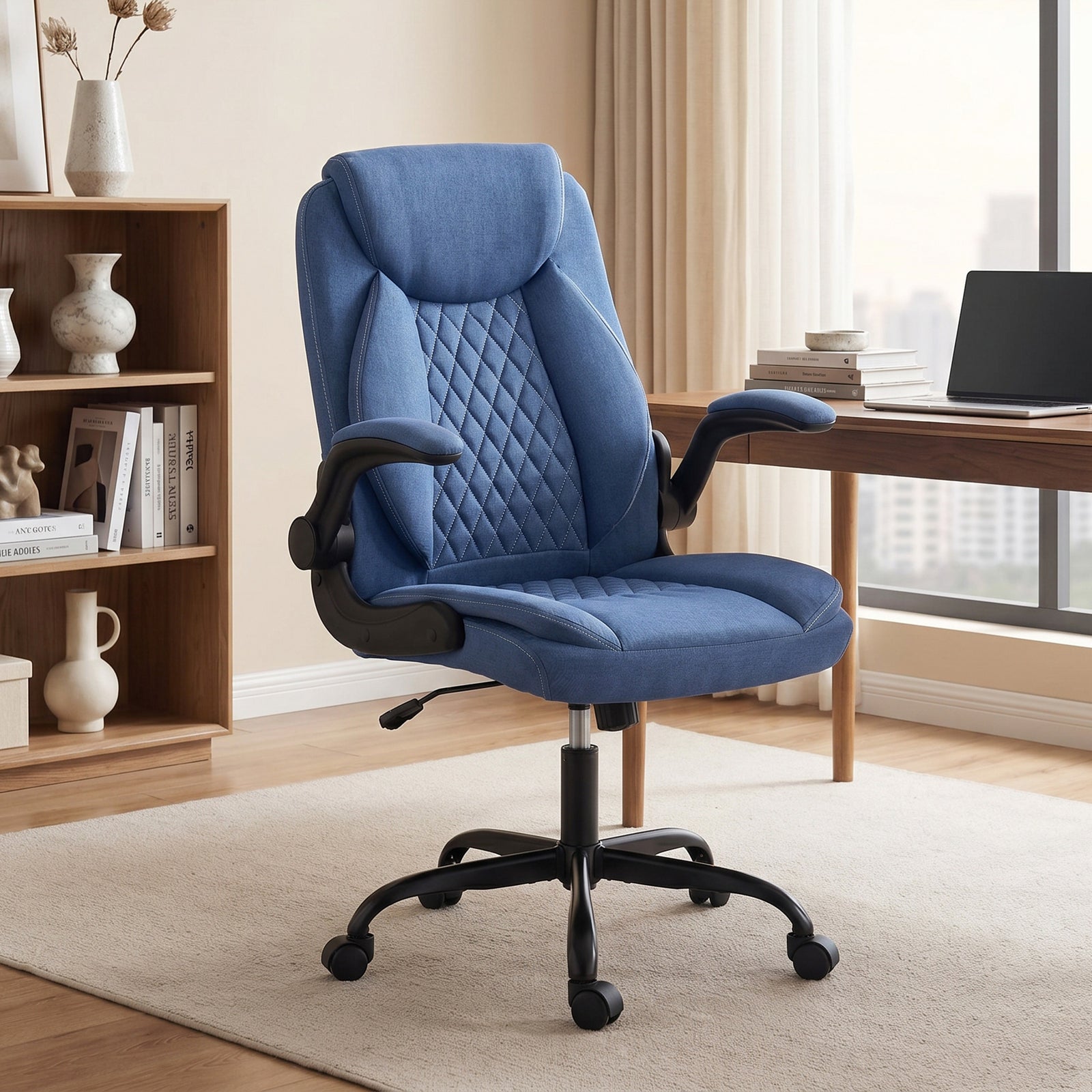 Linen-Look Computer Desk Chair, Executive Office Chair with Flip-Up Ar
