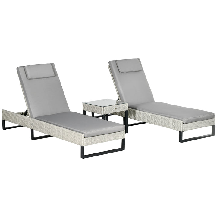 3-piece PE Rattan Sun Lounger Set with Adjustable 5-Position Recliner, Patio Chaise Lounge Chair Set with Cushions, Headrests, Glass Top Square Coffee Table, Light Grey