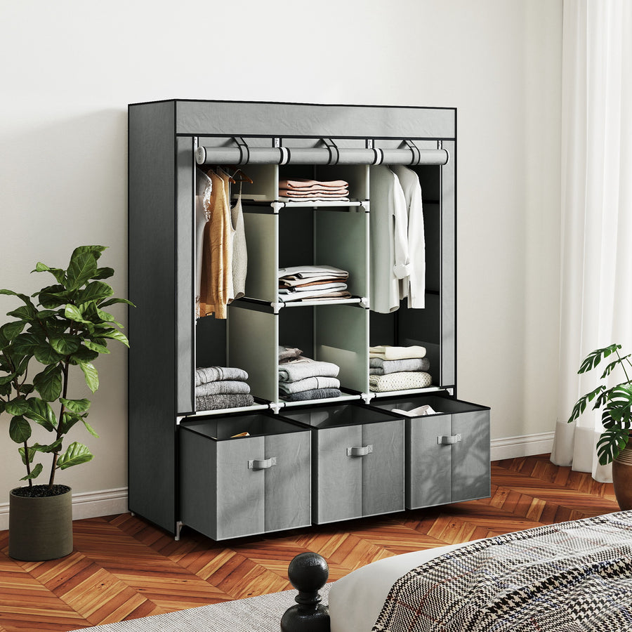 Fabric Wardrobe for Bedroom, Portable Wardrobe with 5 Shelves, 2 Hanging Rails and 3 Fabric Drawers, Foldable Closet, 125 x 43 x 162.5cm, Light Grey