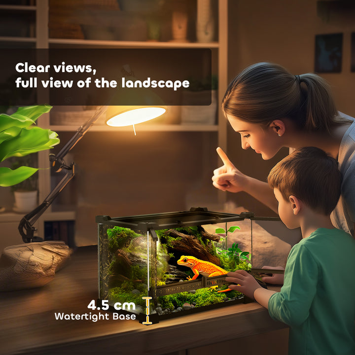 Reptile Glass Terrarium with Stone Background, Front Ventilation, Escape-Proof Knob Lock, 30 x 20 x 20 cm, Black