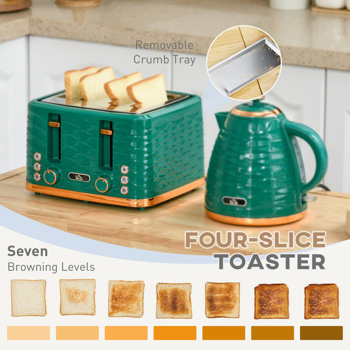 3000W 1.7L Rapid Boil Kettle & 4 Slice Toaster, Kettle and Toaster Set with 7 Browning Controls and Crumb Tray, Green