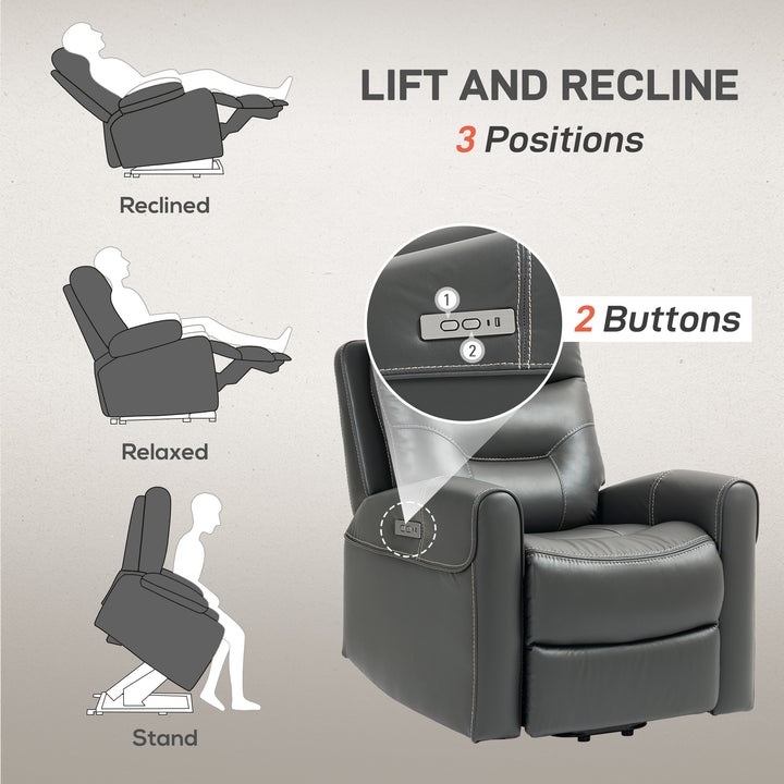 Power Lift Recliner Chair for Elderly, Overstuffed Faux Leather Riser and Reclining Chair with USB A+C Ports, Remote Control, Recliner Armchair for Living Room, Charcoal Grey