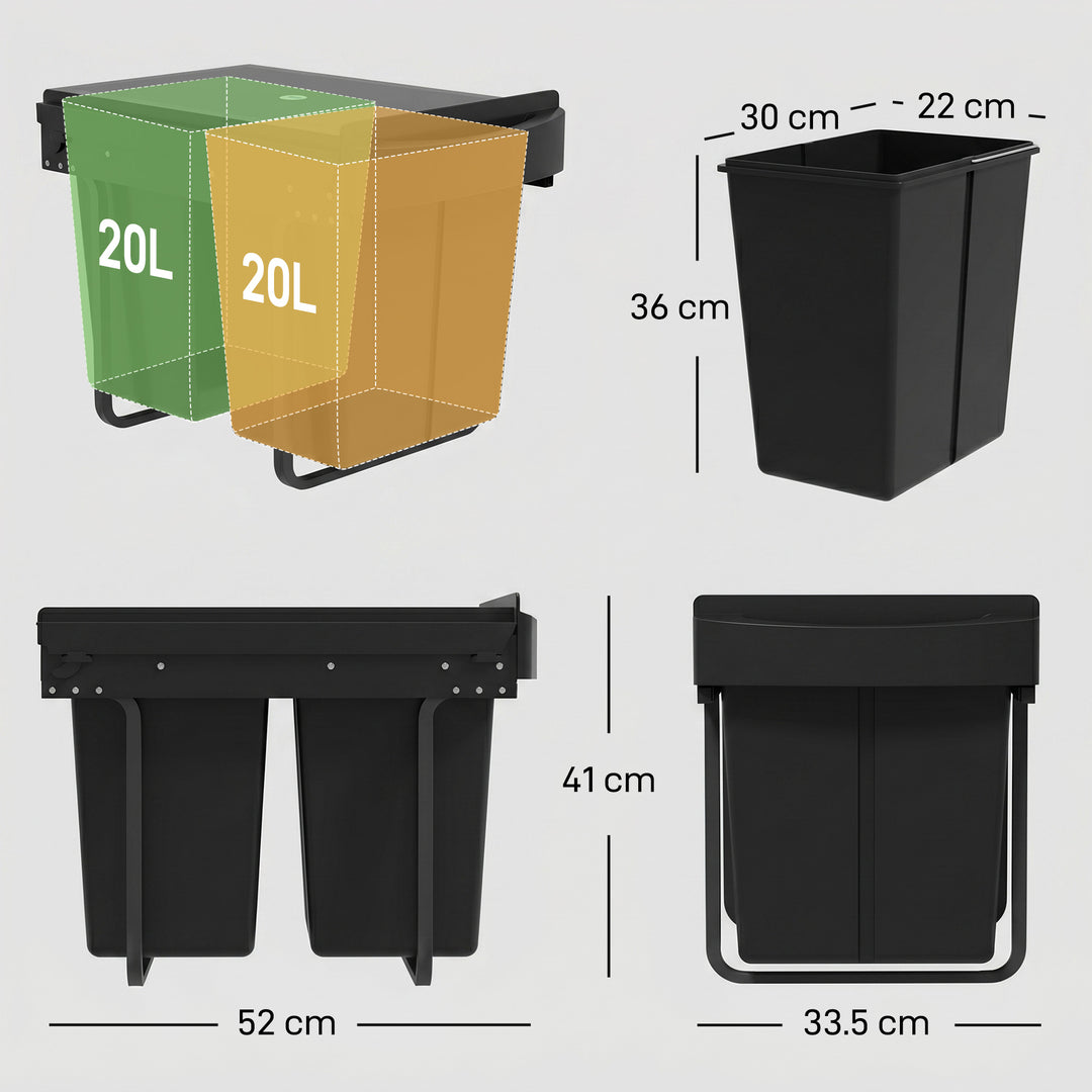 Pull Out Bin, Kitchen Under Sink Bin with 2 Removable Compartments, Sm