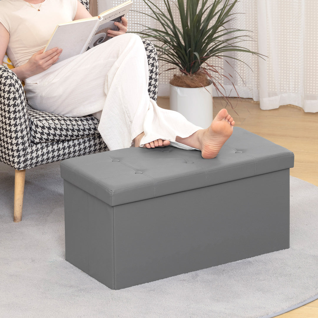 MCL Storage Ottoman Bench, 89L PU Leather Folding Foot Rest Stool, End of Bed Bench, Easy Assembly, for Living Room, Bedroom, Entryway, Grey