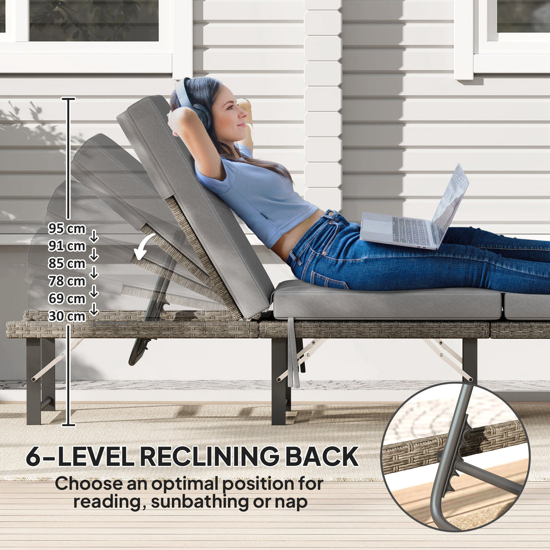 Single Folding Rattan Sun Lounger, with Cushion - Grey