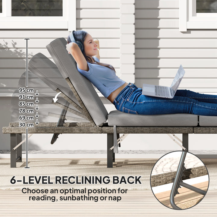 Single Folding Rattan Sun Lounger, with Cushion - Grey
