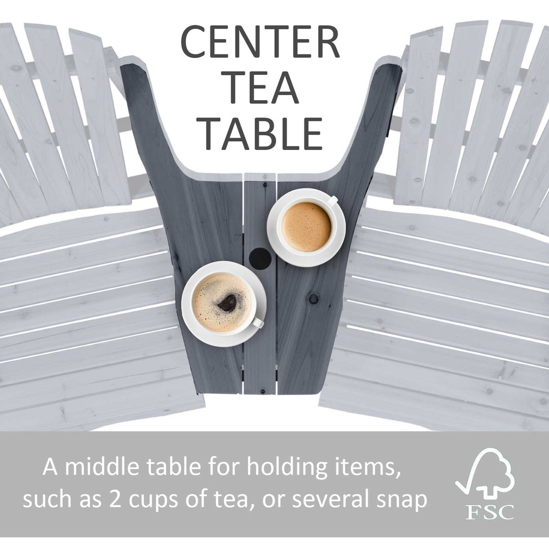 Wooden Outdoor Double Adirondack Chairs Loveseat w/ Centre Table and Umbrella Hole, Garden Patio Furniture for Lounging and Relaxing, Dark Grey