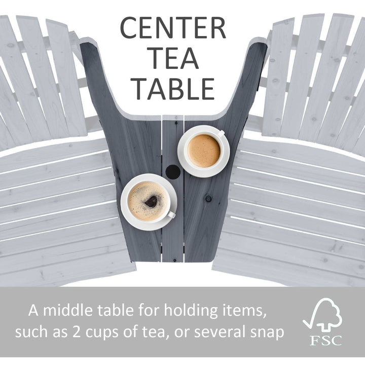 Wooden Outdoor Double Adirondack Chairs Loveseat w/ Centre Table and Umbrella Hole, Garden Patio Furniture for Lounging and Relaxing, Dark Grey