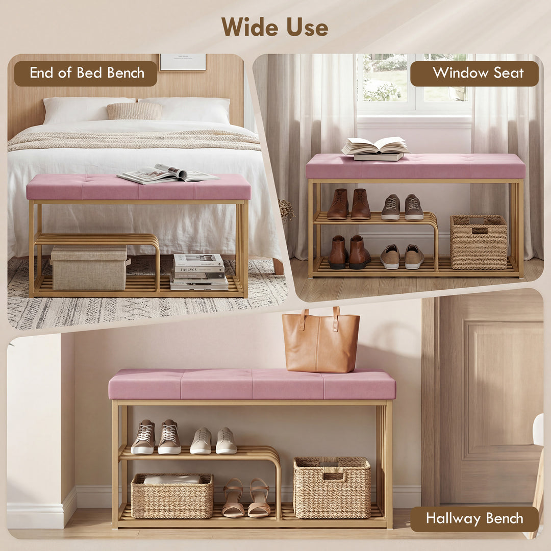Bench and Shoe Storage, Tufted Shoe Storage Bench with Velvet Seat Cus