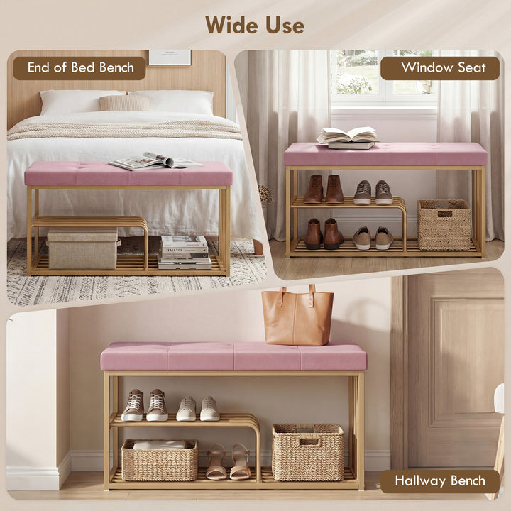 Bench and Shoe Storage, Tufted Shoe Storage Bench with Velvet Seat Cus
