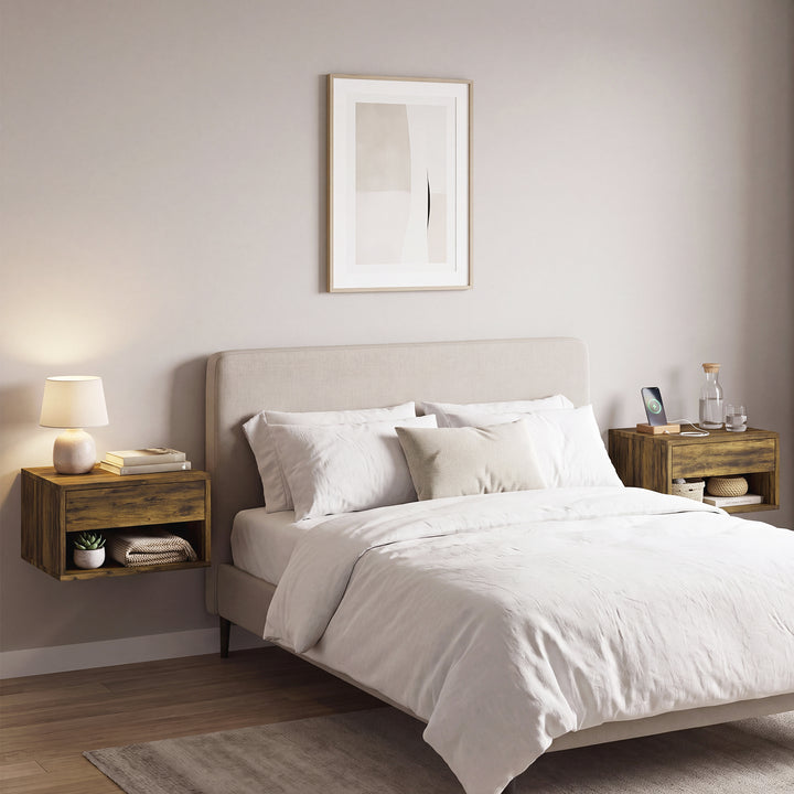 Set of Two Floating Bedside Tables - Rustic Brown