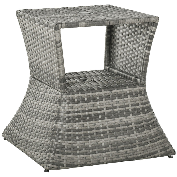 MCL Outdoor Patio Rattan Wicker Coffee Table Bistro Side Table w/ Umbrella Hole and Storage Space, Grey