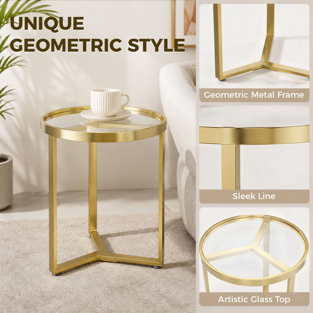 Round Side Table with Tempered Glass Top and Geometric Metal Frame for