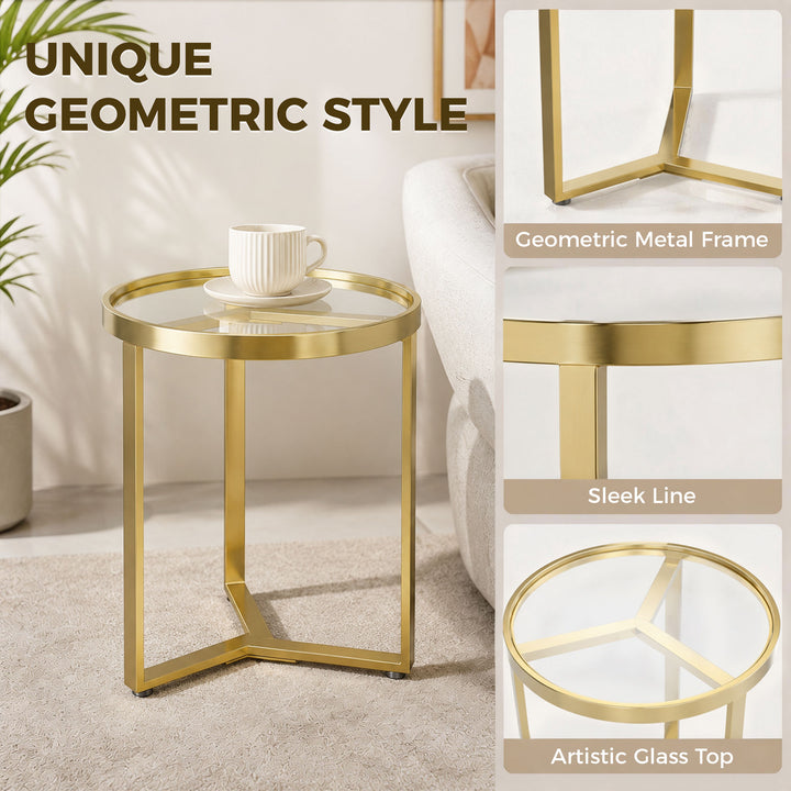 Round Side Table with Tempered Glass Top and Geometric Metal Frame for