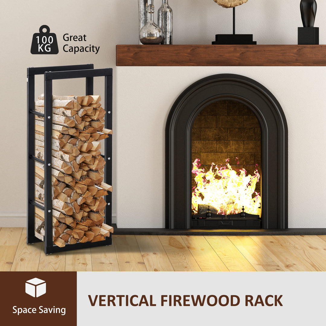 MCL Metal Firewood Log Holder Tall Firewood Rack Indoor Outdoor Fireplace Wood Storage Shelf with Side Rails, Rust-Resistant, Black, 40W x 25D x 100H cm