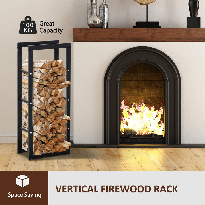 Metal Firewood Log Holder Tall Firewood Rack Indoor Outdoor Fireplace Wood Storage Shelf with Side Rails, Rust-Resistant, Black, 40W x 25D x 100H cm