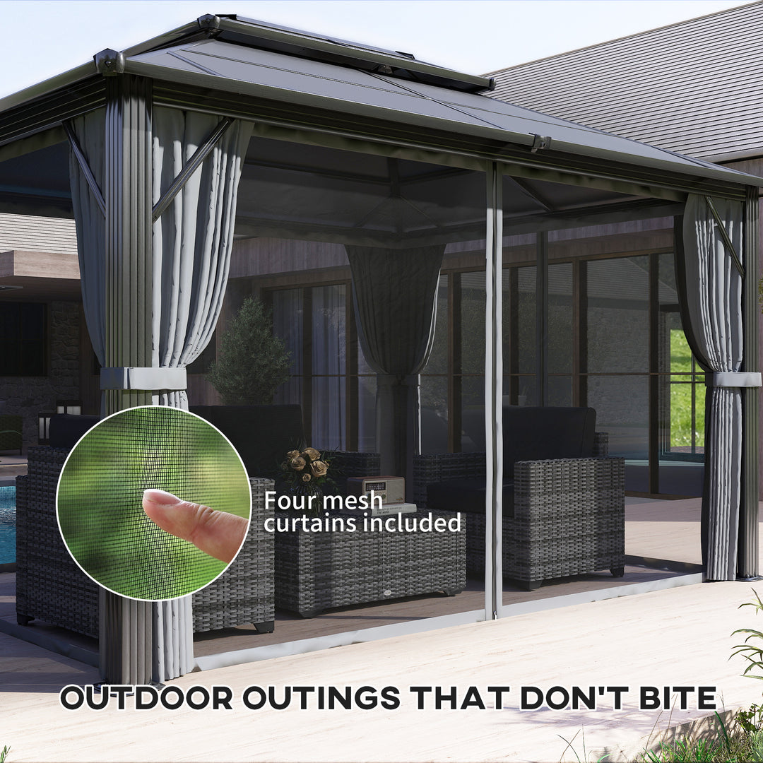 3 x 4m Hardtop Gazebo Canopy with UPF30+ Double Polycarbonate Roof, Aluminium Frame Garden Gazebo Permanent Pavilion with Mosquito Netting and Curtains for Patio, Deck, Grey