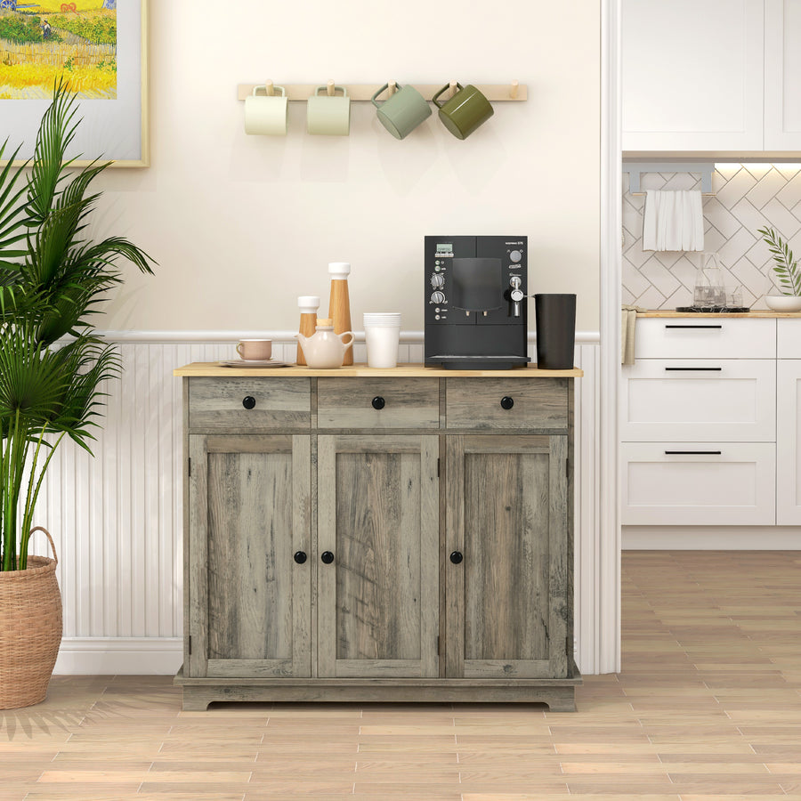 Sideboard with Rubber Wood Top, Modern Storage Cabinet, Kitchen Cupboard with 3 Doors, 3 Drawers and 3 Adjustable Shelves for Dining Room, Living Room, Grey Wood-Effect