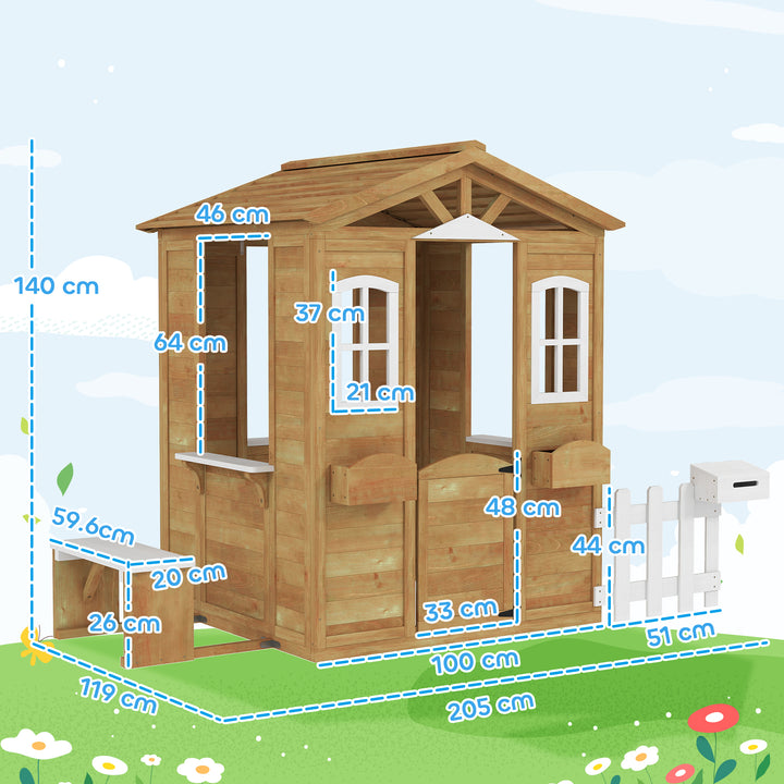 Wooden Playhouse for Kids with Door, Windows, Mailbox, Flower Pot Holder, Serving Station, Bench for Children, Yellow