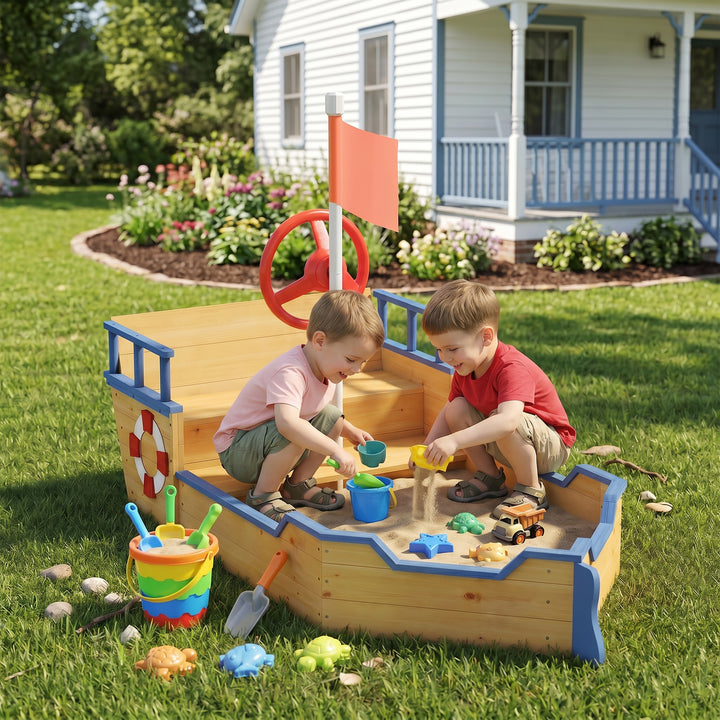 Kids Sand Pit, Children Pirate Ship Sandbox with Bench, Bottom Liner, 