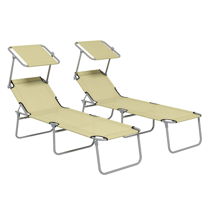 Outdoor Foldable Sun Lounger Set of 2, 4 Level Adjustable Backrest Reclining Sun Lounger Chair with Angle Adjust Sun Shade Awning for Beach, Garden, Patio, Beige