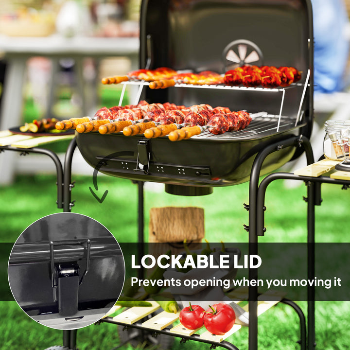 Charcoal Barbecue Grill Portable BBQ Grill with 1840 cm² Cooking Area, 3 Shelves, Adjustable Vent, Lockable Lid, Wheels for Outdoor Cooking, Garden Party, Black