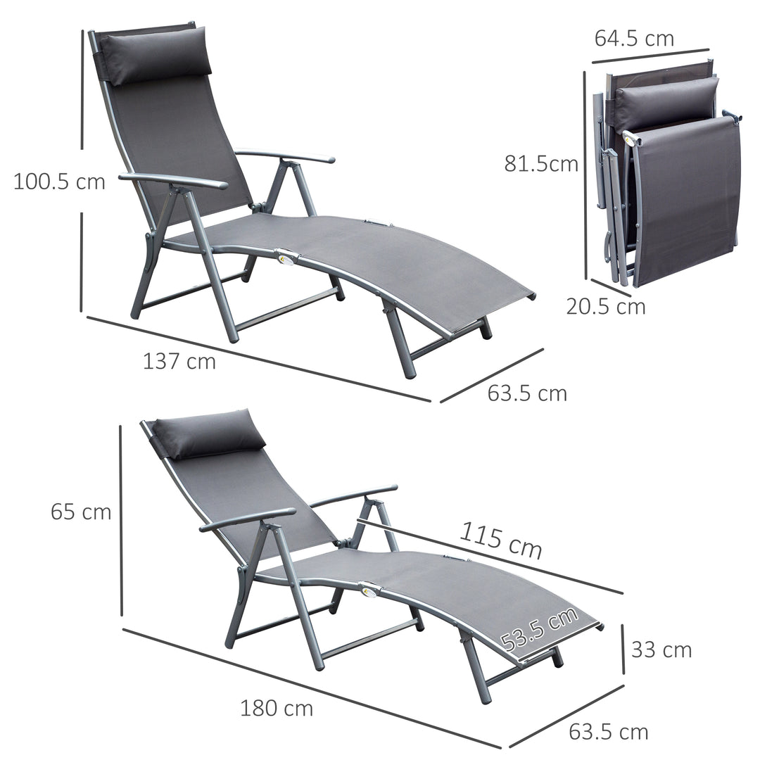 Sun Lounger Steel Frame Outdoor Folding Chaise Texteline Lounge Chair Recliner with Headrest & 7 Levels Adjustable Backrest, Grey