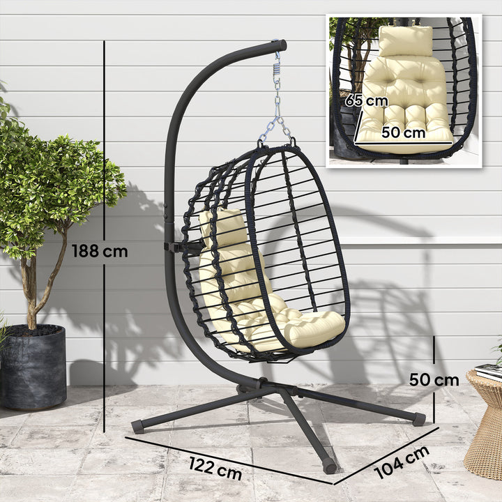 Rattan Hanging Egg Chair, Foldable Wicker Hammock Swing Chair with Cushion, Stand, Adjustable Height, Head Pillow, Steel Frame for Garden Patio Indoor Outdoor, Cream White