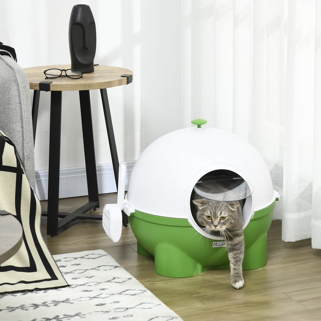 PawHut Large Cat Litter Box: Hooded Tray with Lid, Scoop & Top Handle for Easy Entry, Green | Aosom UK