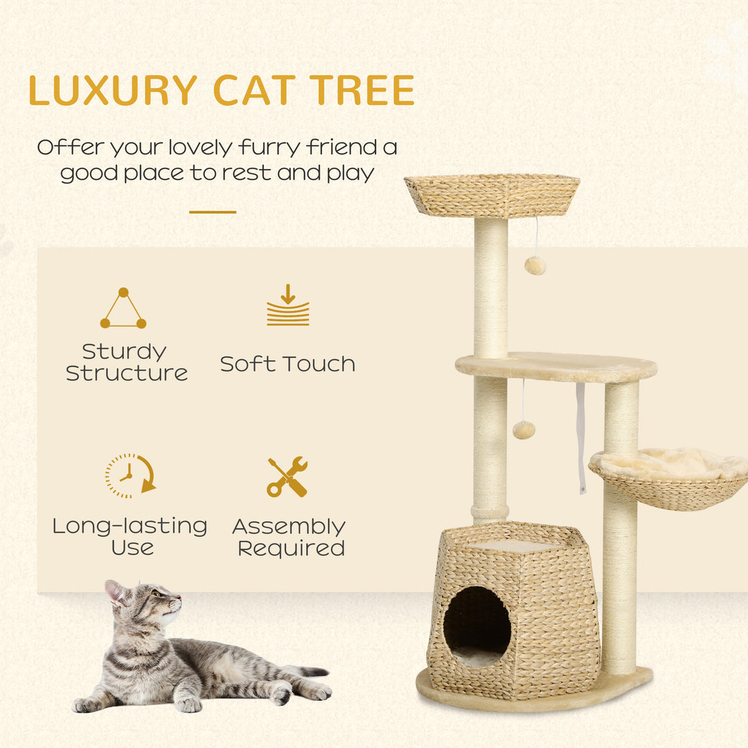 PawHut Cat Tree Tower: Climbing Activity Centre with Cattail, Bed, House, Sisal Scratching Post, Hanging Ball, Natural Tones | Aosom UK