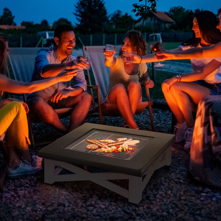 Outsunny Metal Large Firepit Outdoor 3 in 1 Square Fire Pit Brazier w/ BBQ Grill, Log Grate, Poker for Backyard, Bonfire, 86 x 86 x 38cm | Aosom UK